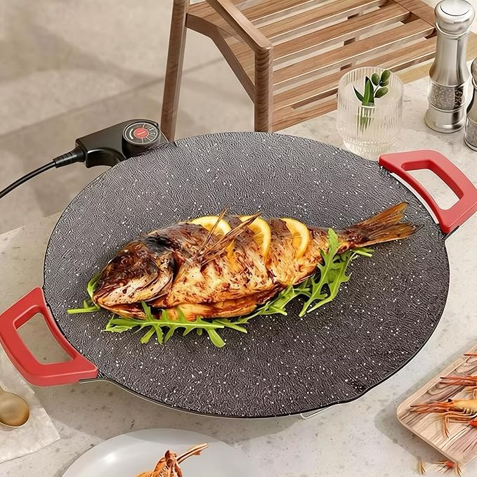 Electric Smokeless Grill, Non-Stick BBQ Griddle with Temperature Control, Round Cooking Surface with Red Handles, Indoor Barbecue Pan for Meat and Seafood (14)