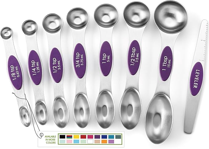 Spring Chef Stainless Steel Magnetic Measuring Spoons Set of 8, Purple | Metal Teaspoon & Tablespoon Measuring Spoons w/ Leveler for Dry & Liquid Ingredients, Measure Spoons for Baking & Cooking