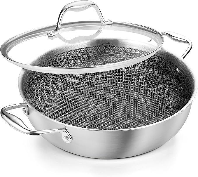 KOCH SYSTEME CS Triply Stainless Steel Saute Pan 12 Inch, Nonstick Hybrid Stainless Steel Saute Pan with Lid, 6 Quart Deep Frying Pan with Honeycomb Interior, 18/10 Steel Pans, Induction Compatible