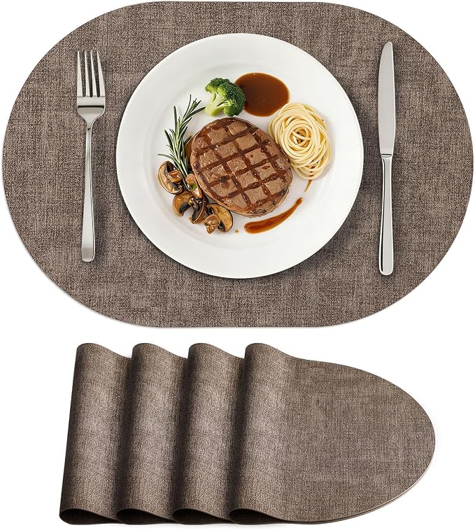 Placemats Set of 4, 11.8 x 17 Inch, Dark Brown | Heat Resistant Oval Faux Leather Place Mats, Waterproof Wipeable Reversible PU Placemat, Indoor & Outdoor