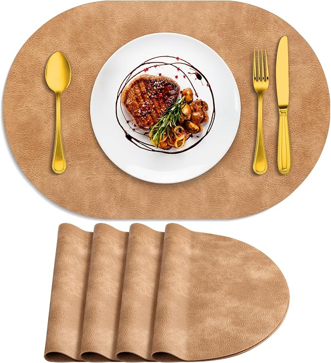 ADRIMER Placemats, Heat Resistant Oval Placemats Set of 4 Washable 12 x 17 Inch, Waterproof Table Mats, Wipeable Pu Place Mats for Kitchen, Dining Room, Light Brown