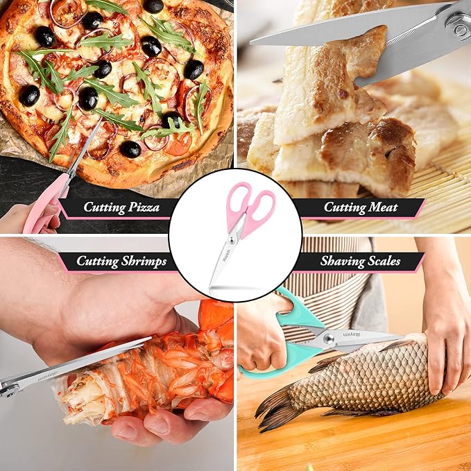 iBayam Cute Kitchen Scissors All Purpose Heavy Duty Meat Poultry Shears | Pastel Pink, Mint Blue, Built-In Bottle Opener, Protective Sheath, Dishwasher Safe, Stainless Steel, Comfort Grip, Left/Right