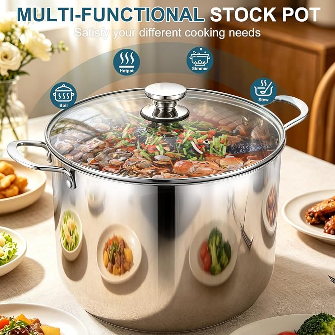 P&P CHEF 24 Quart Stock Pot with Lid, 24 Qt Large Stainless Steel Stockpot | Good for Cooking Pasta Soup, Cookware for Induction Gas Electric Stoves, Visible Lid & Measuring Markings, Dishwasher Safe