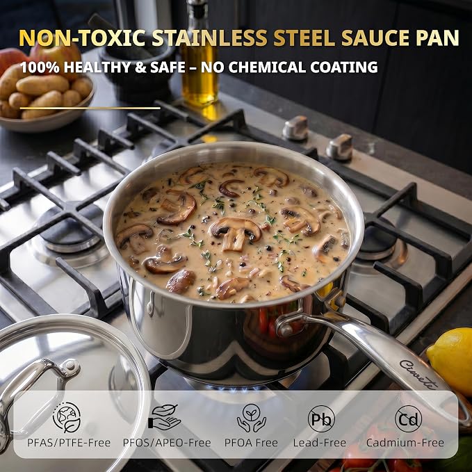 Ciwete 3 Qt Saucepan with Lid - Upgraded Package - 3 Quart 18/10 Stainless Steel Sauce Pan with Mirror Polishing and 2 Sacles, Induction Cookware, Small Pot for Cooking, Dishwasher Safe Oven Safe