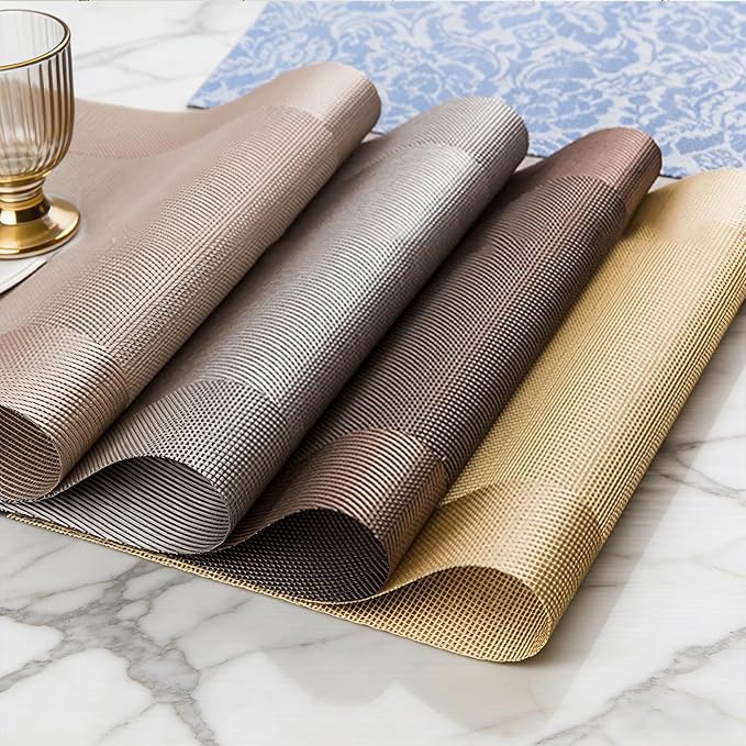 Placemats, Placemats Set of 6, Table Place Mats for Kitchen Dining, Heat-Resistant Anti-Skid Stain Washable PVC Table Mats, Easy to Cleaning Woven Vinyl Dinner Mats (Gold)