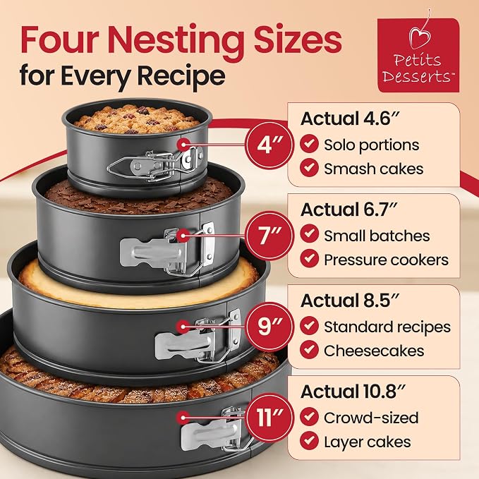 Cheesecake Pan and Springform Cake Pan Set - 4, 7, 9 and 11 in, NONSTICK | with CAKE SLICER and TESTER; INSTANT POT – Compatible; Easy-open Latches for Cheesecakes, Layer Cakes, Quiches; for Gifting