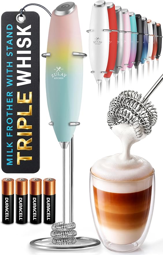 Zulay Kitchen Powerful Milk Frother Wand With Duracell Batteries - Ultra Fast Handheld Drink Mixer - Electric Whisk Foam Maker for Coffee, Lattes, Cappuccino & Matcha - Triple Whisk - Pink Sunrise