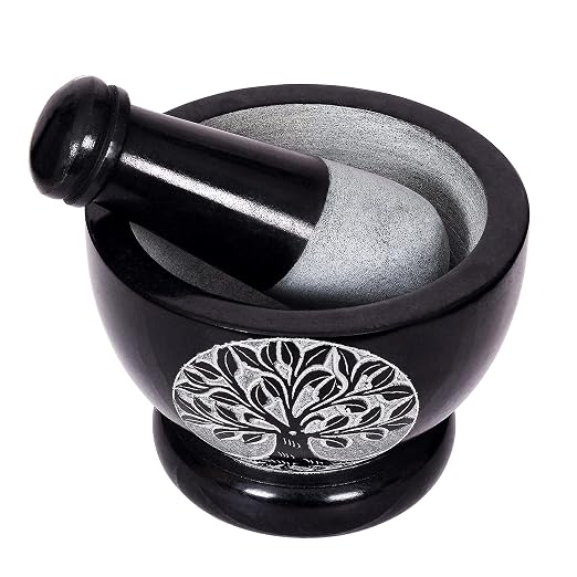 Mortar and Pestle, Made of Heavy Duty Polished Hard Stone, Natural Stone Grinder for Spices, Pastes, Herbs, Seasoning etc. (Tree of Life)