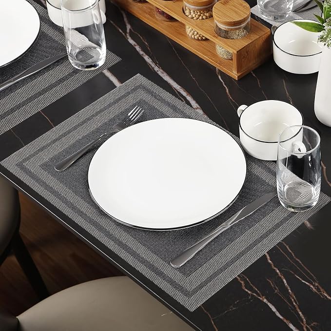 Black Vinyl Placemats Set of 12,Washable Dining PVC Table Mats | Heat resistant, stain resistant non slip vinyl place mats, washable black table placemats for dining table(Black gold)