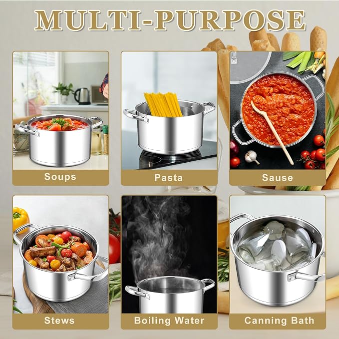 Leonyo 6QT Stock Pot with Lid, Stainless Steel Cooking Stockpots Induction | Visible Lid & 3-Ply Base for All Stoves, Heat-conducting & Heavy-Duty