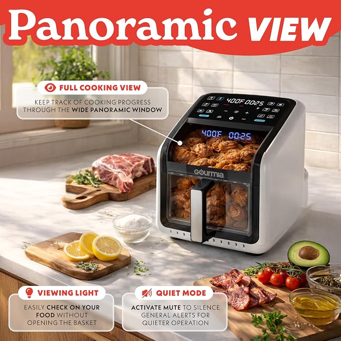 Gourmia Air Fryer 7 QT - Easy View Panorama Window & Interior Light, Guided Cooking with 12 One-Touch Presets, FryForce 360, Dishwasher Safe Accessories, White