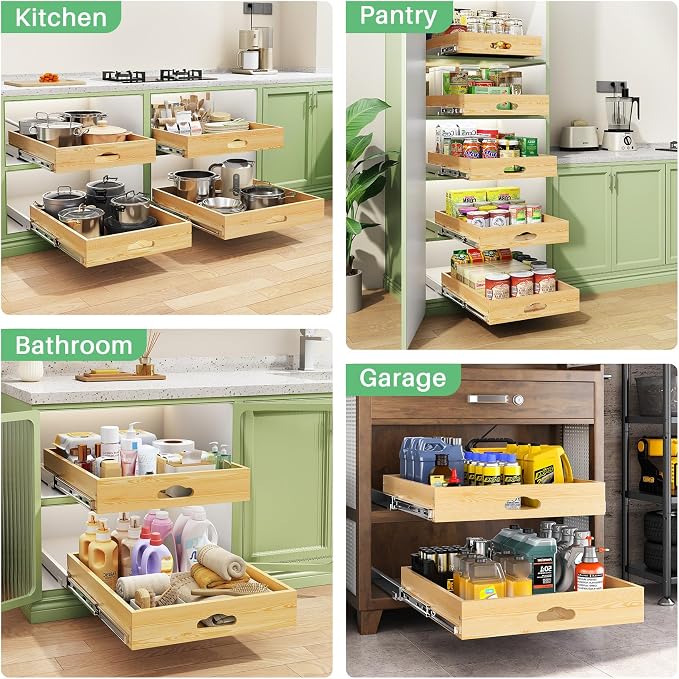 Pull Out Cabinet Organizer, Soft Close Wooden Slide Out Drawers for Pots and Pans, Full-extension Roll Out Shelves for Kitchen Cabinets, Pantry Organization, Bottom & Side Mount(12"W X 21"D x 3.4''H)