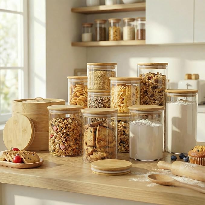 27 oz Glass Jars with Bamboo Lids, Airtight Food Storage Containers, 6 Pack | Pantry Jars for Pasta, Rice, Sugar & Flour, Durable Borosilicate Glass Canisters Keep Food Dry & Fresh, Easy to Fill & Clean