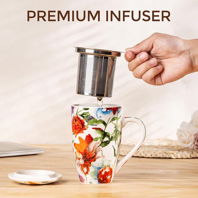 GBhome Tea Mug with Infuser and Lid,18 Ounce Ceramic Loose Leaf Cup Steeper | Lead-Free Glaze For Tea Lovers,Microwave & Dishwasher Safe with Tea Strainer