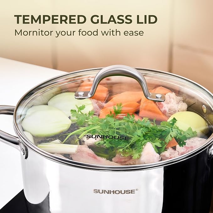 SUNHOUSE 8 Quart Stock Pot with Lid, Stainless Steel Large Pot for Cooking | 8QT Pots for Pasta, Soup - Stockpot for Canning with Impact Bonded Base - Oven Safe & Induction Compatible