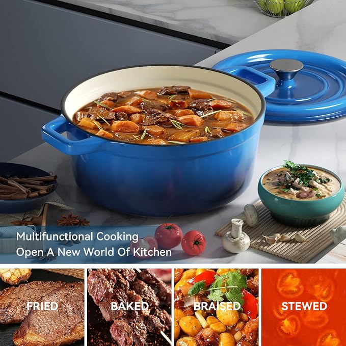 Miereirl 6.5 Quart Enameled Dutch Oven Pot with Lid, Cast Iron Dutch Oven with Dual Handles for Bread Baking, Cooking, Non-stick Enamel Coated Cookware (Dark Blue)
