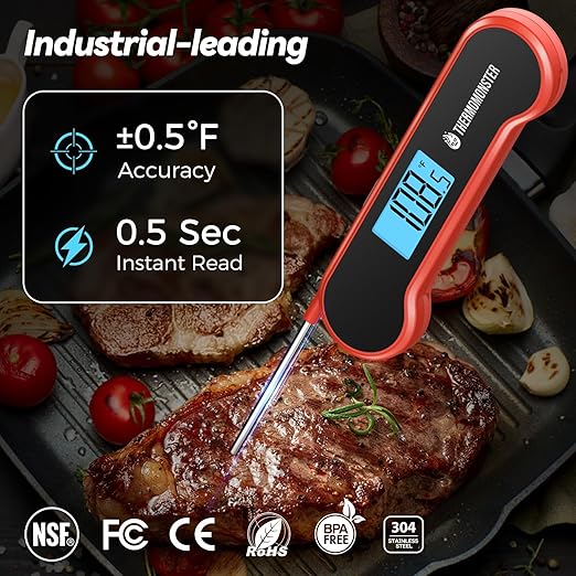 0.5 Sec Instant Read Meat Thermometer Digital with ±0.5℉ Precision, Red | Food Thermometer for Cooking Kitchen Gadgets, Oven Grill Candy BBQ Essentials Accessories, Gifts for Him Dad Men Birthday