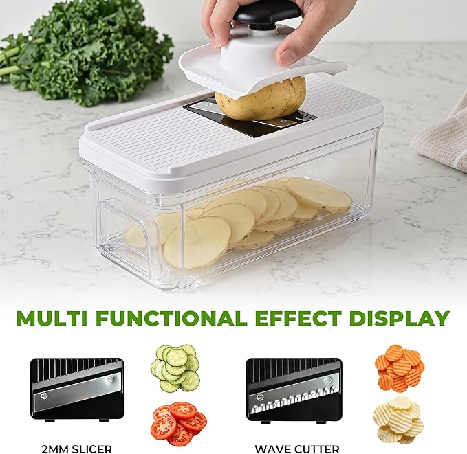 SUSTEAS Vegetable Chopper with Pull-Out Container, 7-Blade Mandolin Slicer | Pull, Empty & Keep Chopping; Easy-Detach, Dishwasher-Safe Blades; 7 Blades for Every Cutting Need; Less Cleanup. More Cooking