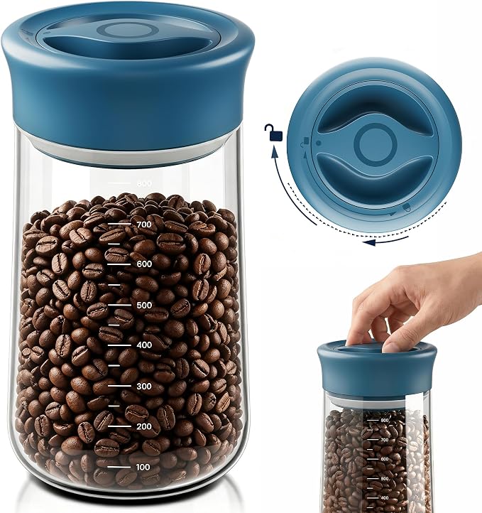 Airtight Glass Storage Jar 27 oz, Easy Open 1/4-Turn Lid Coffee Container | Easy-Open Quarter-Turn Lid, Airtight, Food Grade, Transparency, with Scale