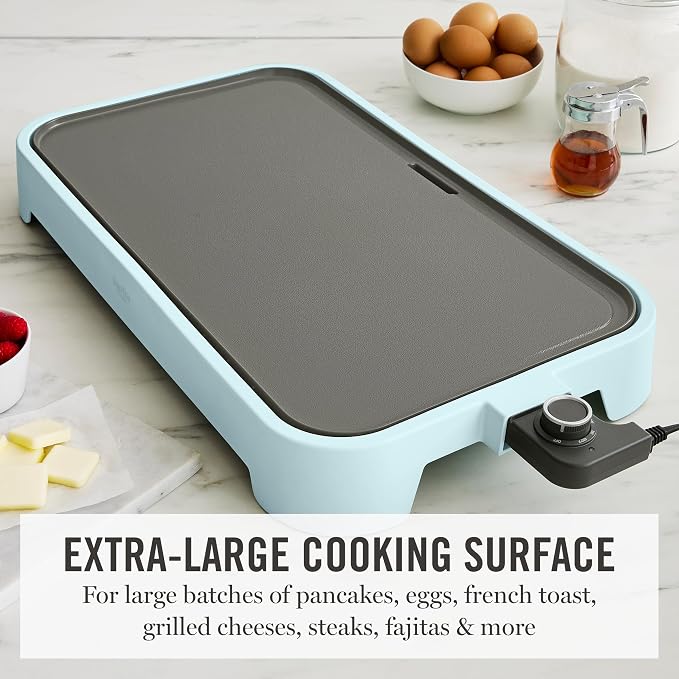 Martha Stewart 12"x 22" XL Electric Griddle, Ceramic Nonstick Flat Top | PFAS-Free Nonstick Grill, XL Cooking Surface for Pancakes & Eggs, Adjustable Temp Dial, Drip Tray, 1500W Heating, Sky Blue