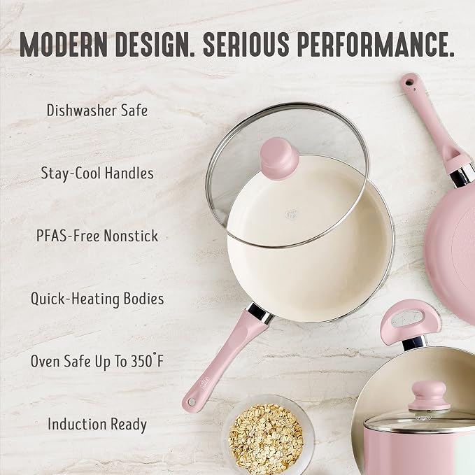 GreenLife 2QT Ceramic Nonstick Saucepan with Lid, Blush Pink | PFAS-Free Ceramic Nonstick Coating, Soup Pot, Induction Ready, All Stovetop Compatible, Stay-Cool Handles, Dishwasher Safe