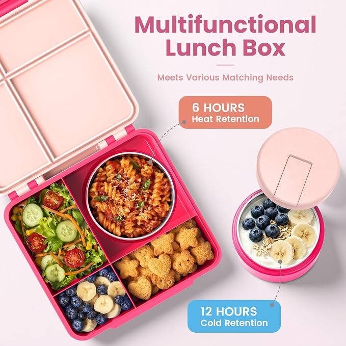 LOHASOK Bento Lunch Box for Kids with 8oz Soup Thermo, Pink | 4-Compartment, Leak-Proof Lunch Containers with Insulated Food Jar and Silicone Foldable Spoon Fork