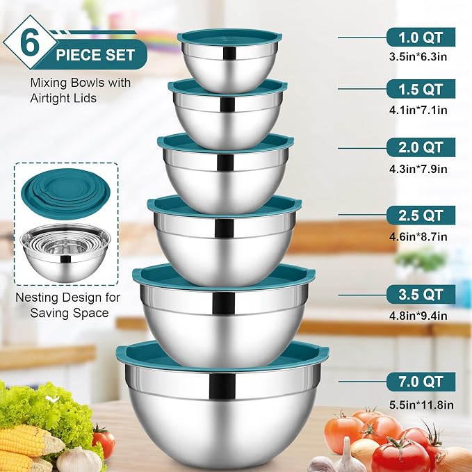 LIANYU 6 PCS Stainless Steel Mixing Bowl, Large 7, 3.5, 2.5, 2, 1.5, 1 QT | Metal Bowls Set, Kitchen Nesting Bowls for Salad Cooking Prepping Food Storage, Dishwasher & Freezer Safe, Blue