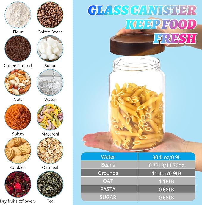 30oz Glass Jars with Airtight Lid Sugar Coffee coffee Storage Container Round Glass Candy Canisters for Spice Kitchen Seasoning Tea Herb Overnight Oats Bar Parfait Snacks (900ml/30oz-2 Pcs)