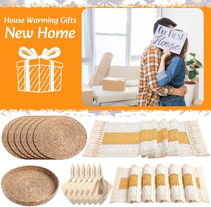 6 Sets Boho Decoration Placemats Round Woven Placemats, Cloth Napkins, Wood Bead Napkin Rings, Long Table Runner and Farmhouse Burlap Cotton for Table Kitchen (Yellow,12x72)