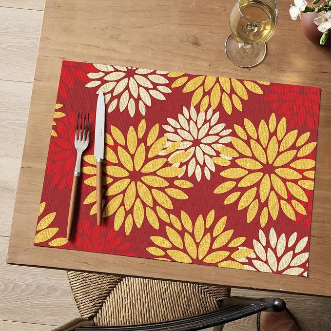 Artoid Mode Floral Vinyl Placemats Set of 6, 12x18 Inch New Year Washable Non-Slip Plastic Vinyl Place Mats for Party Kitchen Dining Decor, Red