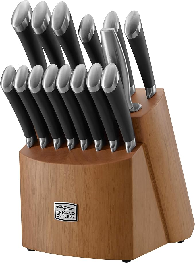 Chicago Cutlery Fusion 17 Piece Kitchen Knife Set with Wooden Storage Block, Cushion-Grip Handles with Stainless Steel Blades that Resists Stains, Rust, and Pitting