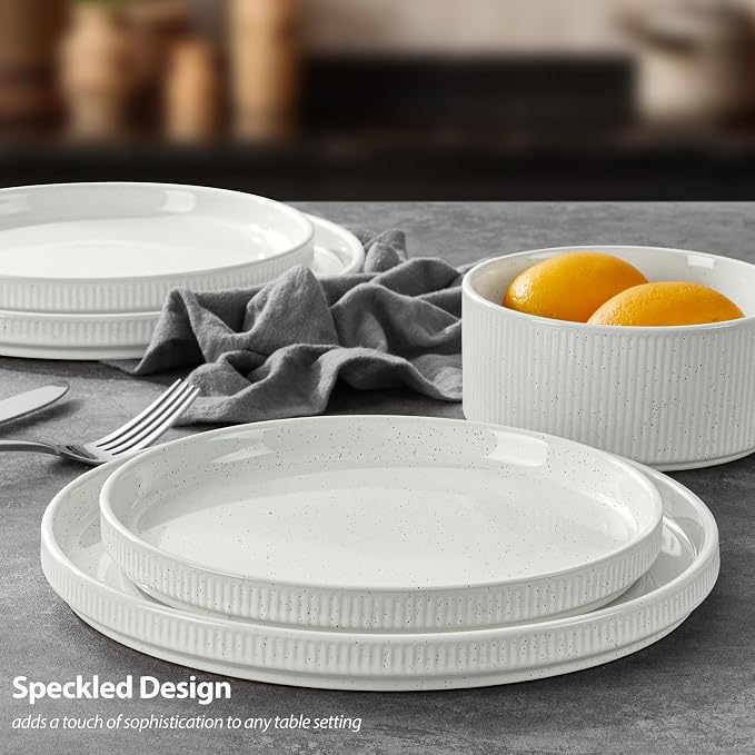 LIANYU 16 PCS Ribbed Dinnerware Sets with Pasta Bowls for 4, Speckled White | Stoneware Plates and Bowls Set, Dishware for Home Kitchen, Microwave and Dishwasher Safe