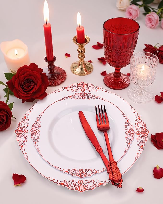 Nervure 175Pcs Red Plastic Plates, Red Plastic Dinnerware Set for 25 Guests | 25 7.5" Dessert & 25 10.25" Dinner Plastic Plate, 75 Cutlery, 25 9oz Cup, 25 Napkin for Wedding & Party, BPA-free, Heavy-duty