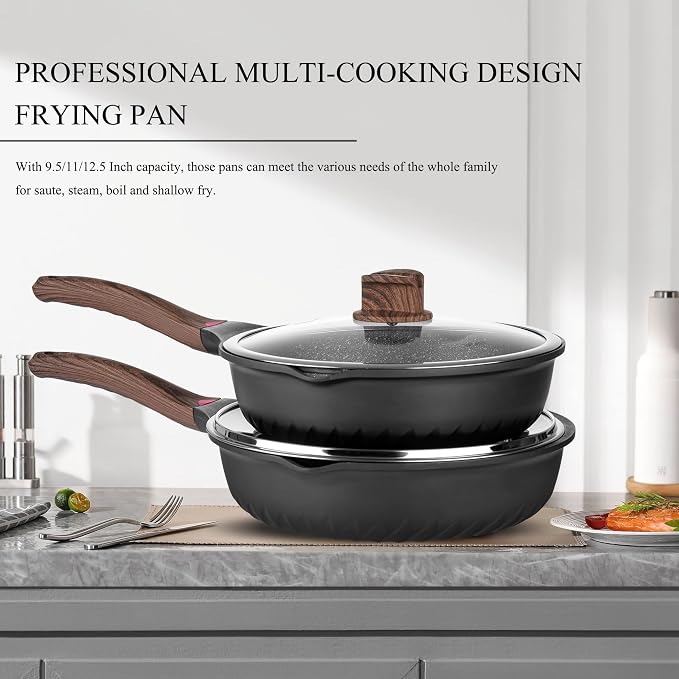 Vinchef 12PCS Nonstick Deep Frying Pan with Lid Cookware Set | VINCHEF 12-piece nonstick cookware set utensils & pot protectors. Stay-cool handles, PFAS & PFOA-free.