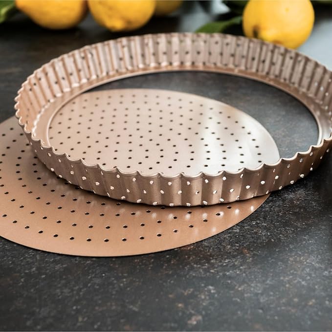 9 inch Tart Pan with Removable Bottom Nonstick, PFOA & BPA Free | | Non-Toxic - High Carbon Steel - Gold - Perforated Tart Mold