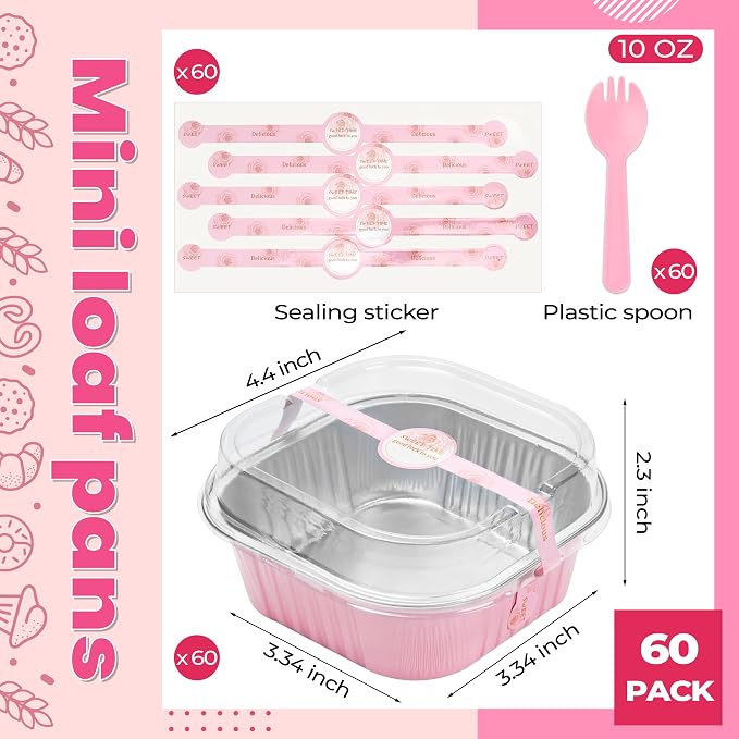 Square Cake Pans with Lids, 60 Pack Pink 10oz for Bake Sales | Works for sweet bites, savory samples, dips and layered cups; paired extras make serving details easier to finish.