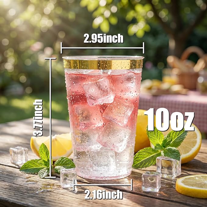I00000 200 Pack Gold Plastic Cups, 10 oz Clear Plastic Cups Gold Rimmed Disposable Wine Glasses Fancy Disposable Party Cups Wedding Cup Drinking Tumblers Cocktail Glasses with Gold Rim