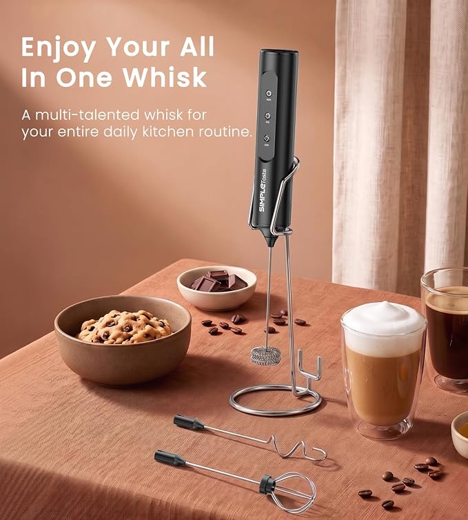 SIMPLETASTE Rechargeable Handheld Milk Frother Wand with Stand | 3 Variable Speeds, 3 Whisks, Electric Drink Mixer for Latte, Cappuccino, Matcha and Protein Powder, Black