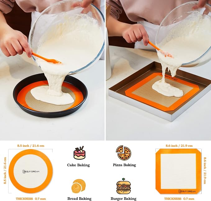 GUY DREAM All-in-One Silicone Baking Mat Set - Kneading Mat, Cookie & Macaron Half Sheet, 1/4 Sheet Mat, Square & Round Cake Mats, Artisan Bread Sling- Ideal Gift for Baking
