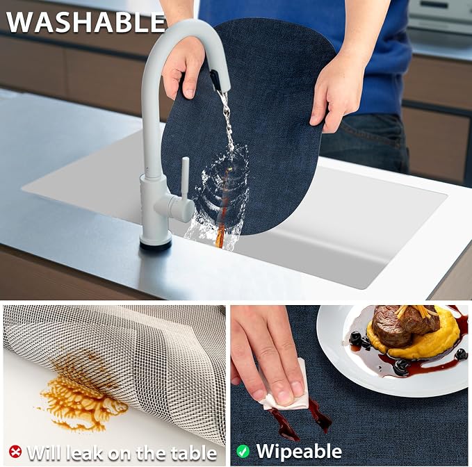 Placemats Set of 12-17" x 11.8" Waterproof & Heat Resistant Oval Place Mats, Wipeable Washable Double Layer Faux Leather Table Mats, Dark Blue