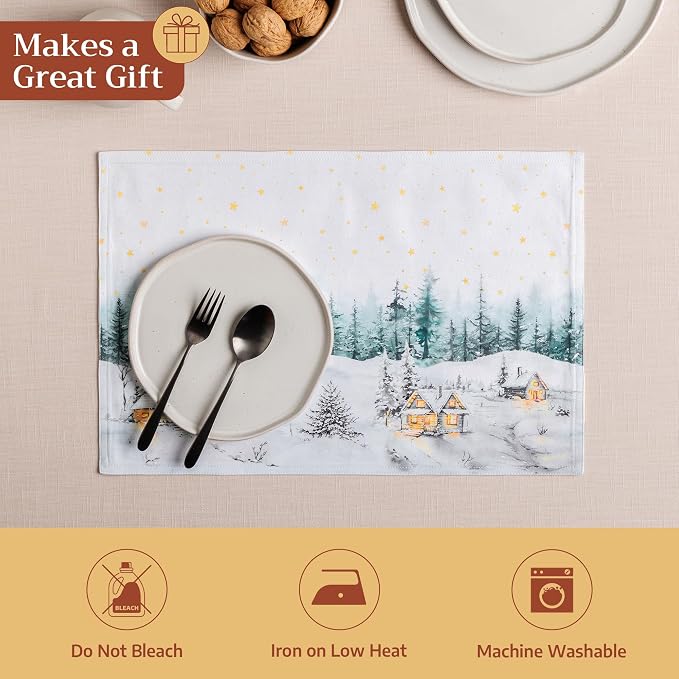 Maison d' Hermine Placemats Set of 4 Reusable 100% Cotton (13"x19") | Cloth Place Mats Washable Table Mats for Kitchen Dining Party Wedding Hotel Home Thanksgiving Christmas - Neige de Noel
