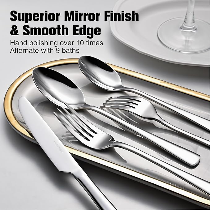 18/10 Flatware set for 6, 30 Piece Stainless Steel Silverware Cutlery Set | KINGSTONE Forged Cutlery Set, Mirror Polished Knives Fork and Spoon Utensils, Dishwaher Safe for Restaurant, Wedding, Party