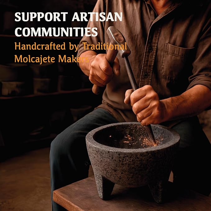 Mexican Molcajete 8in, Handmade with Natural Volcanic Stone, Mortar and Pestle Set for Guacamole, Spices, Salsa, Pesto & More, Authentic Lava Rock, Includes Free Tortilla Warmer