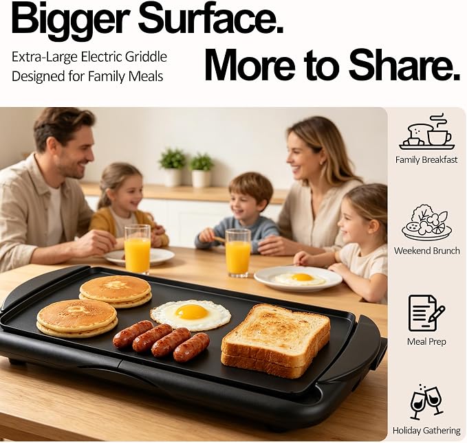 20" Electric Griddle, Ceramic Non-Stick Baking Pan Attemperation Griddle, 1400W Family-Sized Electric Skillet Extra Large Surface and Adjustable Temperature, Slide-Out Drip Tray, Black