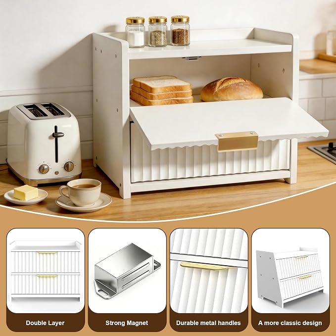 Large Bread Box, White, Double Layer Wooden | Top Shelf, Countertop Organizer Cabinet, For Bread & Coffee Station, Kitchen Essentials Storage