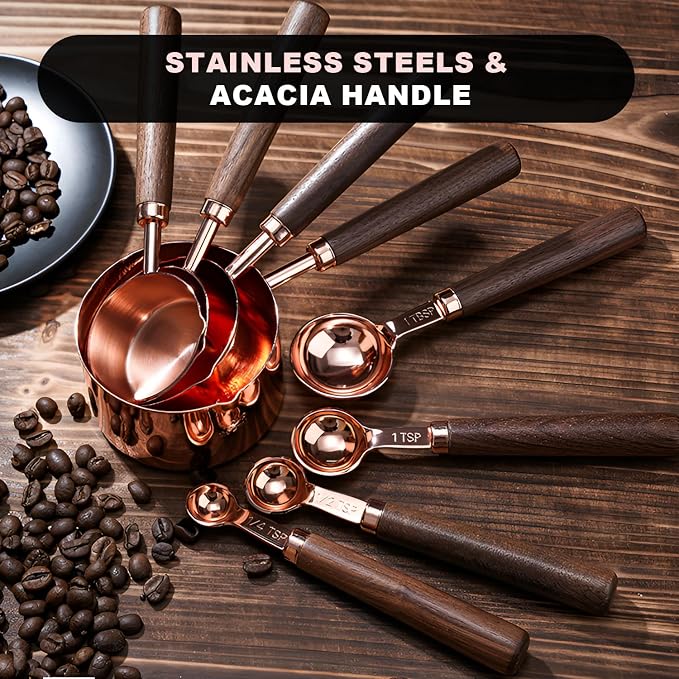 SHIKORI Rose Gold Measuring Cups and Spoons Set with Wood Handles-4PCS | Premium Stainless Steel Measuring Spoons and Measuring Cups Set, For Cooking and Baking in the Kitchen-Rose Gold-4Cups