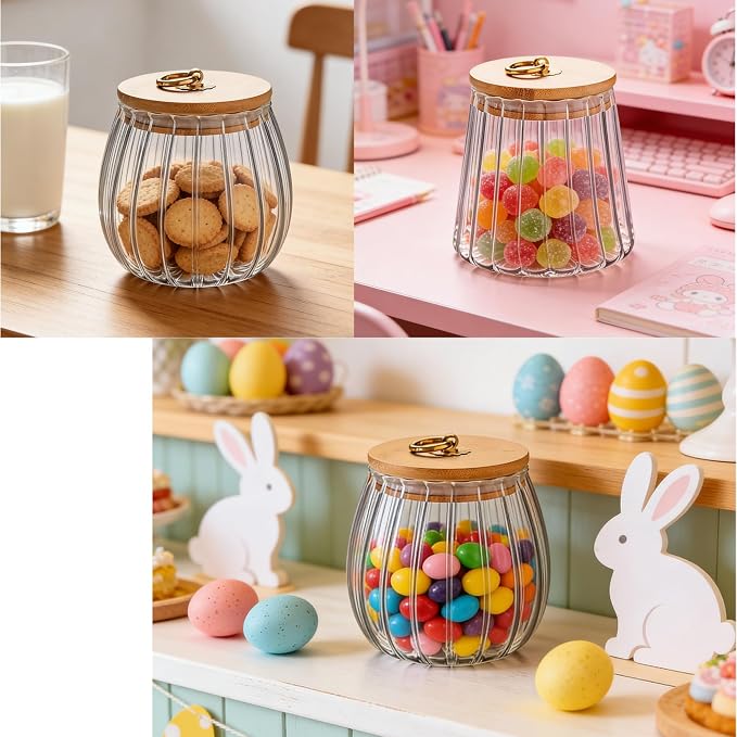 Small Glass Coffee Nuts Canister, Airtight Jar Bamboo Lid, 23 FL OZ, 2pcs | Sealed Kitchen Storage Jar, 700ml Petal Ribs Design Decorative Candy Coffee Container, Gold Metal Handle, Easy to Grasp