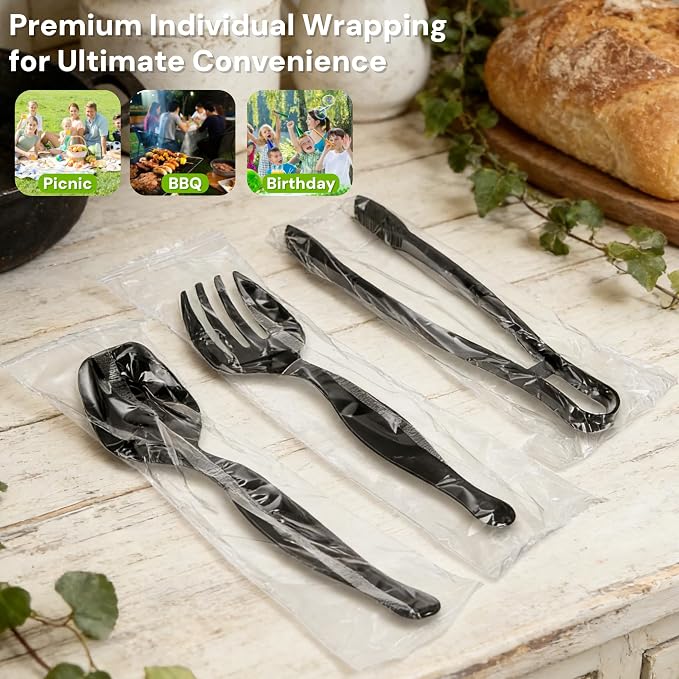 30 Pcs Plastic Serving Utensils, Disposable Black Serving Spoons Forks Tongs, 9'' Heavy Duty Party Utensil for Catering Buffets Dinner Weddings Salad Noodles Soup Daily Use