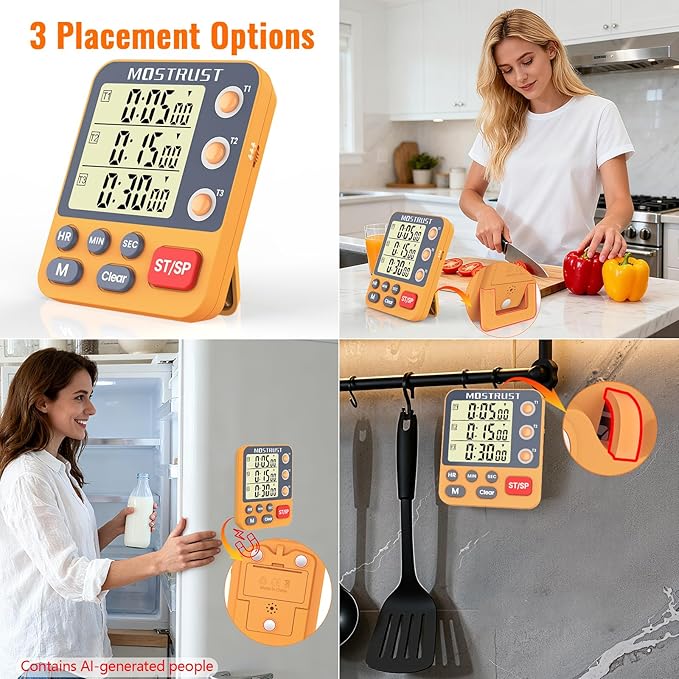 Digital Dual Kitchen Timer, Multiple Channels Countdown Timer | 3-Groups Triple Timer with Magnet-Back Memory-Preset Large Display Adjustable Volume, 3A Battery Included, Ideal for Cooking