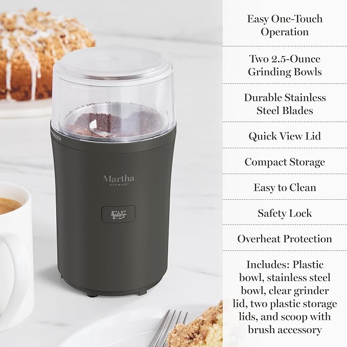 Martha Stewart Electric Coffee & Spice Grinder with Dual Bowls, Caviar Gray | Dual 2.5oz Removable Bowls for Coffee Beans, Nuts, Herbs & Spices, Stainless Steel Blade, One-Touch Pulse Control, Easy Clean